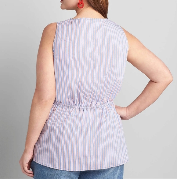 Lane Bryant Blue White and Red Striped No Peek Button Front Peplum Top - Picture 2 of 7